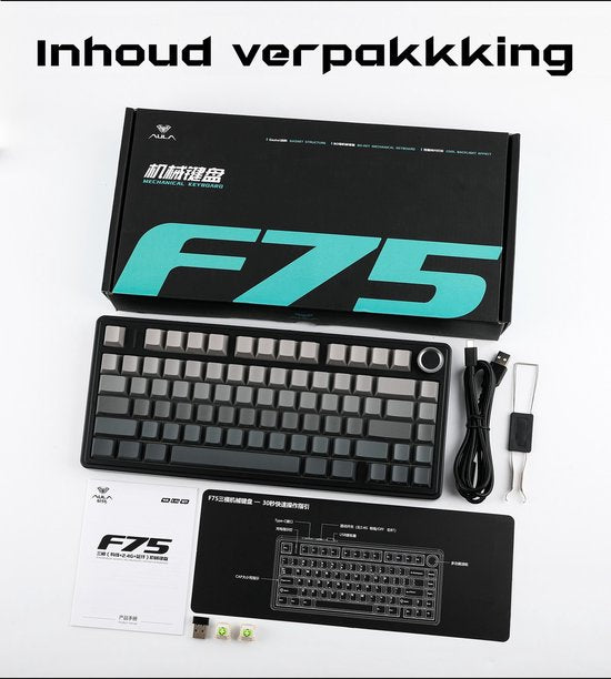 EPOMAKER x AULA F75 - Zwart/Grijs - Mechanisch Draadloos Toetsenbord - RGB - 75% - QWERTY - Gaming Keyboard - Leobog Reaper Switch