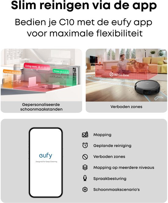 eufy Auto-Empty C10 - Slanke behuizing van 7,2cm - Tapijtreiniger - Edge expansion borstel - Automatisch legen - Point laser en multi-infrarood navigatie