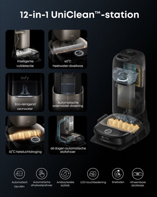 eufy S2 Nieuw 2026 Stofzuiger- en Dweilrobot HydroJet - 30kPa AeroTurbo™ 2.0-Zuigkracht - Vloerreinigingssysteem 2.0 - EcoClean™ Elektrolyse - Randreiniging - Haarvrije DuoSpiral™ Borstels - 12-in-1 UniClean™ Station