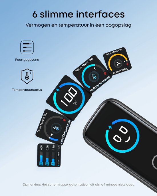 Anker Oplader - 100W Max USB C Oplader - 3-poorts GaN Wandadapter met Slim Display en Touchbediening - Inclusief USB-C Kabel