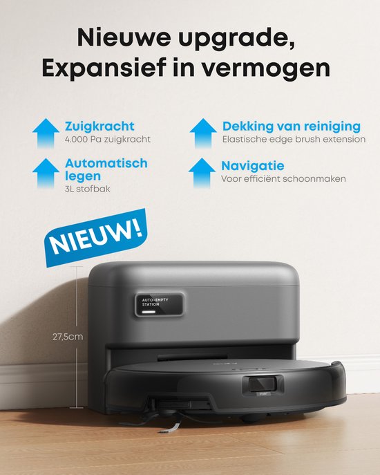 eufy Auto-Empty C10 - Slanke behuizing van 7,2cm - Tapijtreiniger - Edge expansion borstel - Automatisch legen - Point laser en multi-infrarood navigatie