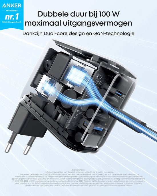 Anker Oplader - 100W Max USB C Oplader - 3-poorts GaN Wandadapter met Slim Display en Touchbediening - Inclusief USB-C Kabel