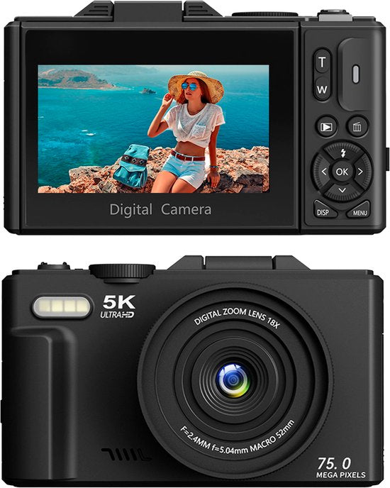 Senzo Digitale Camera 5K met WiFi - 75MP - 18 x Zoom - 60FPS - Fotocamera - Fototoestel - Compact Camera - Vlog Camera - Video Camera - Incl. 64GB