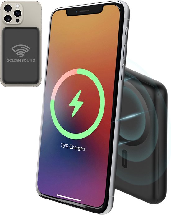 Golden Sound Powerbank 10.000 mAh - Geschikt voor MagSafe systeem - Powerbanks - Magnetisch opladen - Noodpakket - Draadloos opladen - Met USB-C Poort