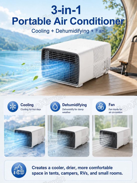 Draagbare airco 2700 BTU stille mini airconditioner voor camper en camping met ontvochtigen 280W compacte koeling