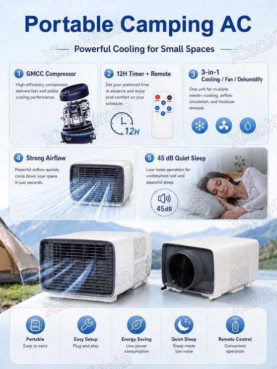 Draagbare airco 2700 BTU stille mini airconditioner voor camper en camping met ontvochtigen 280W compacte koeling