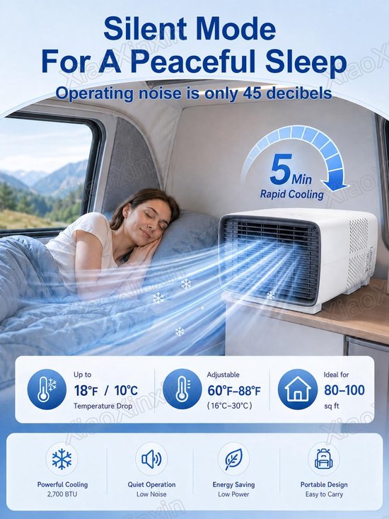 Draagbare airco 2700 BTU stille mini airconditioner voor camper en camping met ontvochtigen 280W compacte koeling