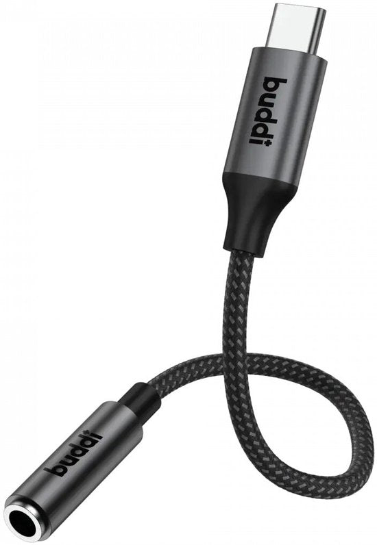Buddi Ease | 3.5mm Headset Jack naar USB-C Adapter | USB - C naar Aux | Aux Audio Kabel | DAC Chip | Verloopstuk Koptelefoon en Oortjes | Koppelstuk | Tussenstuk | Converter | 16Bit/48kHz | Zwart