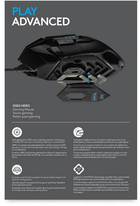 Logitech G502 HERO - Bedrade Gaming Muis - 25.600 DPI - Rechtshandig - Zwart