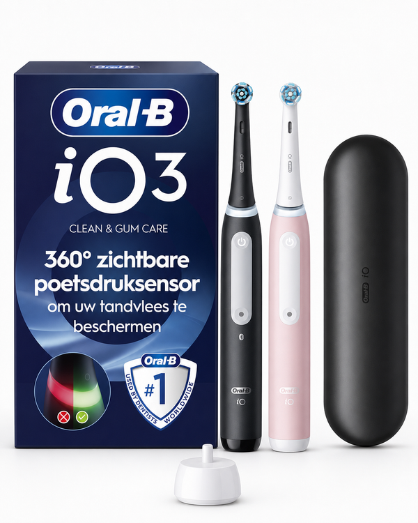 Oral-B iO 3 Elektrische Tandenborstel - Duo Zwart en Roze - inclusief Reisetui